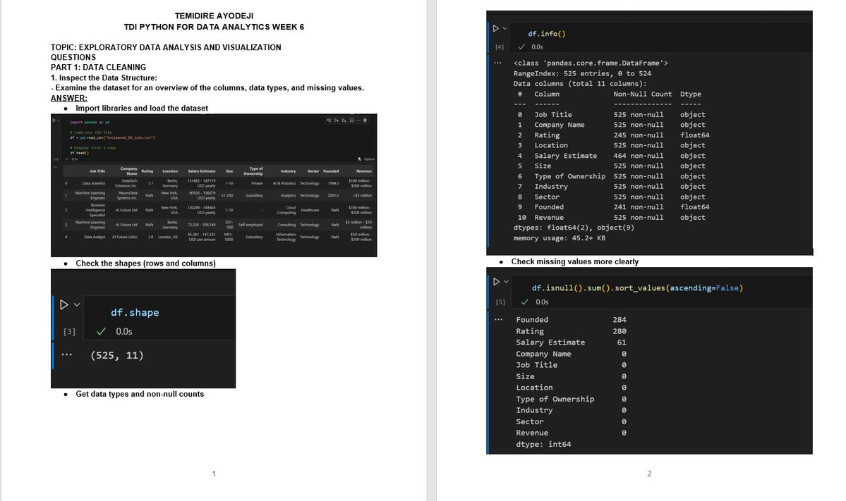 AyodejiTemidire's tweet image. Finished Week 6 of my Python for Data Analytics program.
Mastered data cleaning, salary extraction, and visualization. 🚀
#DataAnalytics #Python #TDI