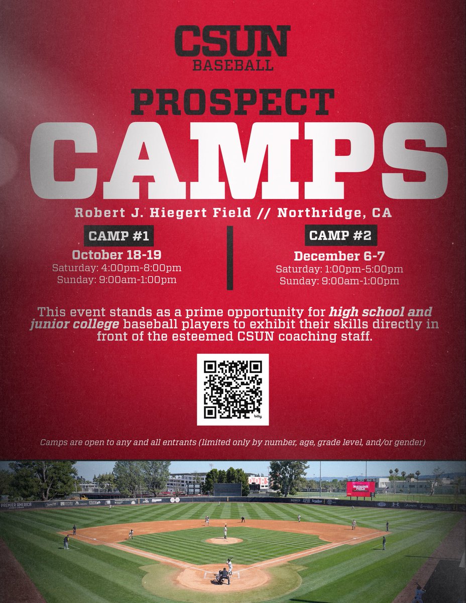 CSUNBaseball's tweet image. ♦️Calling All Future Matadors ♦️

Join us this weekend, Oct 18-19th at Robert J. Hiegert Field and showcase your talent! Registration is open for all upcoming prospect camp dates. 

Sign Up now to Secure your Spot!
playnsports.com/event/csun-oct…