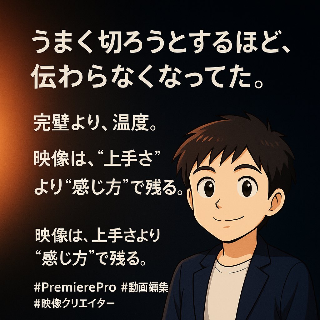 videoeditor1967's tweet image. うまく切ろうとするほど、伝わらなくなってた！

テンポを意識するあまり、感情までカットしてた💦

でも、ほんの一瞬の“間”があるだけで空気が変わる。

完璧より、温度。
映像は、“上手さ”より“感じ方”で残る‼️

#PremierePro #動画編集 #映像クリエイター