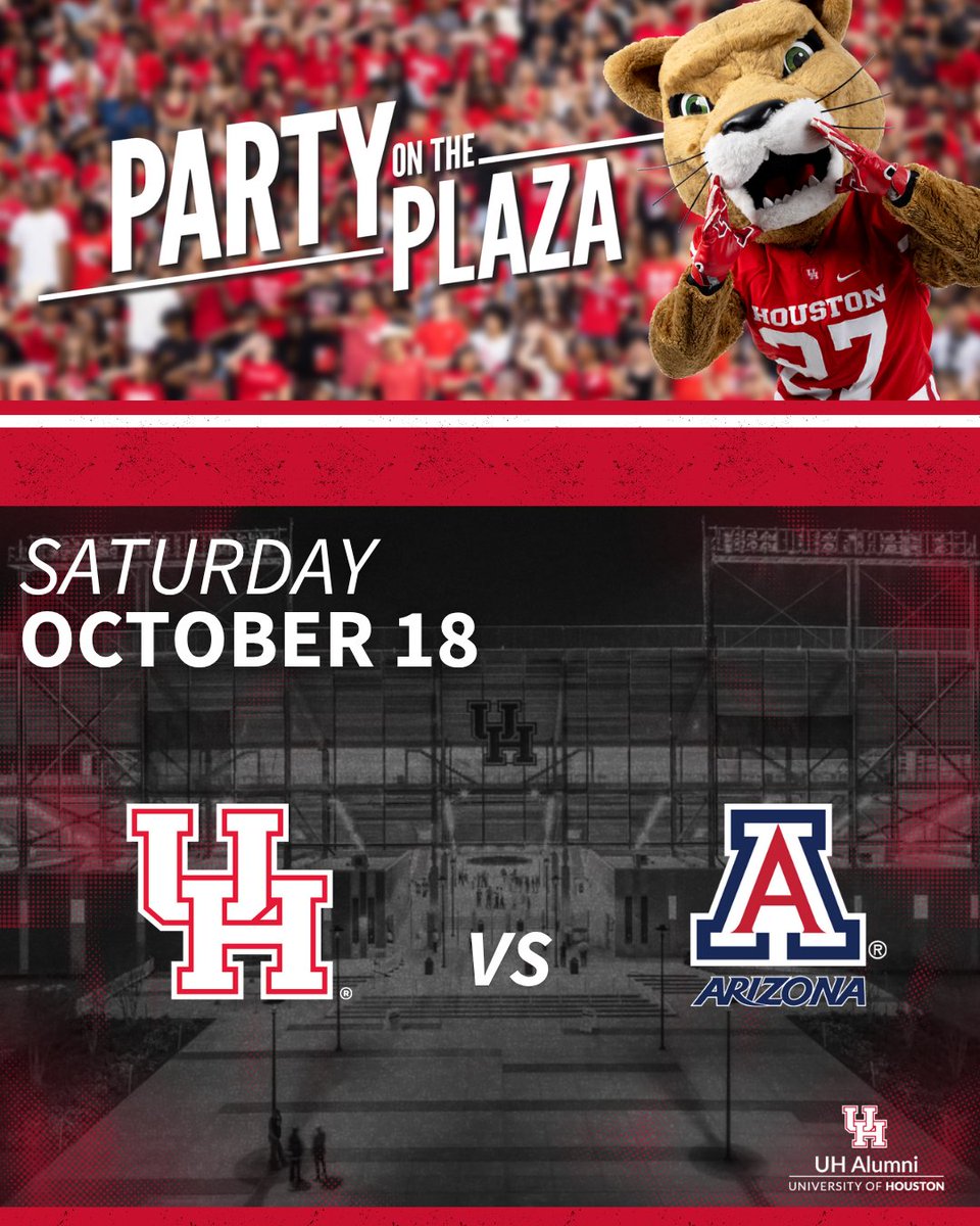 Coogs, it’s time to bring the energy for Homecoming next Saturday, 10/18, at Party on the Plaza before the big game against the University of Arizona. Doors open at 8 a.m. — wear your Cougar red and let’s pack the stadium like never before. Tickets: bit.ly/4n3iihg