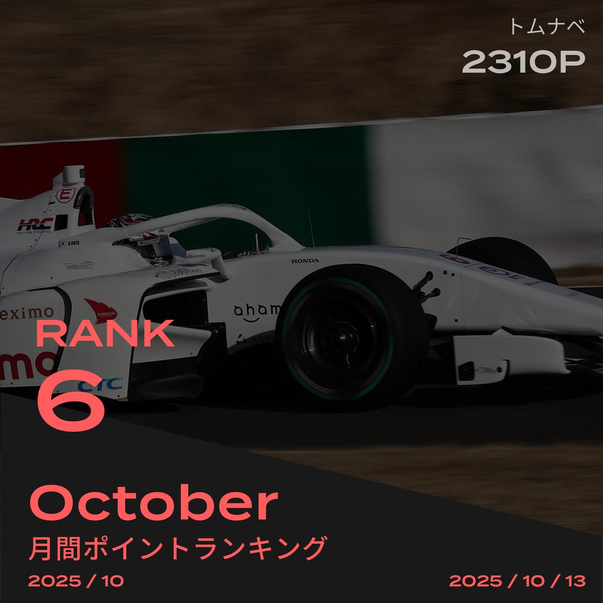 tom106_watanabe's tweet image. 10月10日を含む週末を経て、10月ランキング10位をいただきました！
この順位で今月終われるといいな。無理だろうな。でもまずはこの順位になれたことに感謝！
#SFormula #SFgo