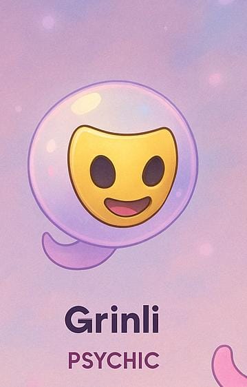 Grinli es un Pokémon psíquico de naturaleza etérea. Su cuerpo flota en silencio, emitiendo una luz perlada que cambia según las emociones que percibe a su alrededor. Su máscara dorada refleja una sonrisa amable, pero en sus ojos se esconde una tristeza antigua.