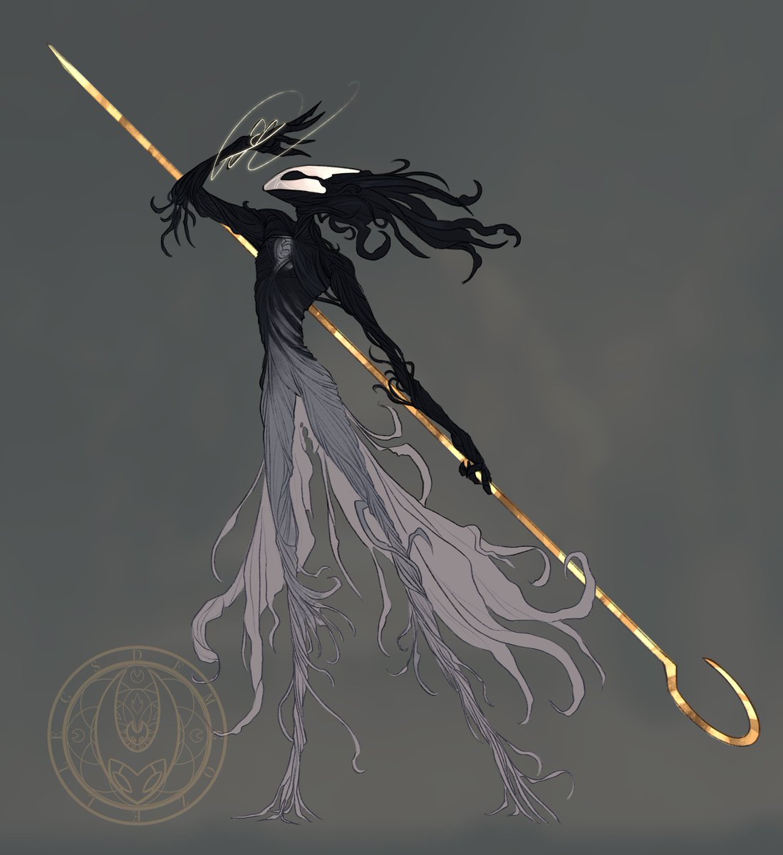 demgozellegs's tweet image. #Silksong Phantom design! Not too different from the canon design, but they have a spot for their &quot;heart&quot; and their feet are unraveled silk, like the Creaking&apos;s roots in Minecraft! I&apos;m working on their outfit rn!