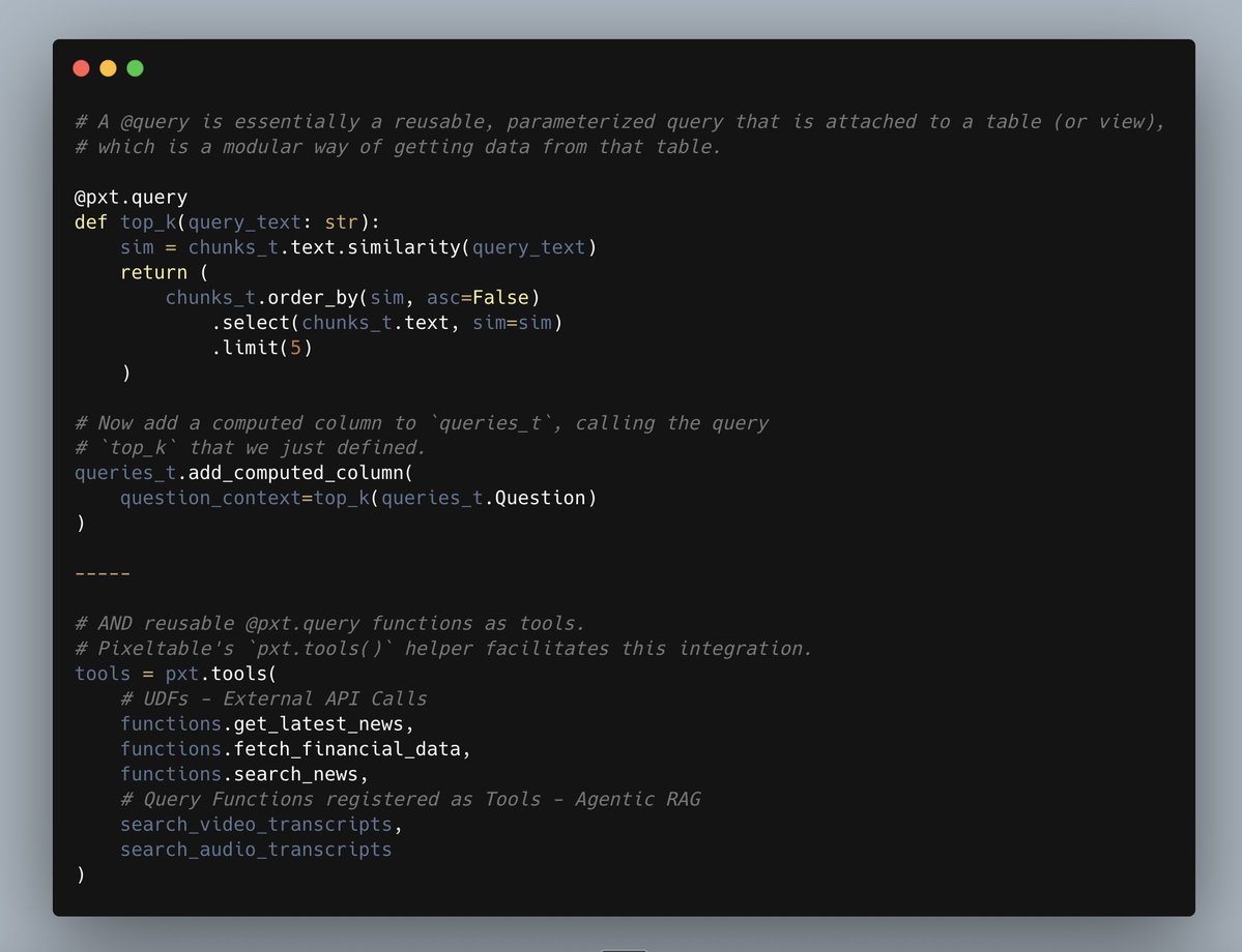 pjlbrunelle's tweet image. The @pxt.query decorator by @pixeltablehq is a powerful tool for:
- AI Agent Memory: Reusable context retrieval across conversations
- Multimodal RAG & Tools Systems: Sophisticated hybrid retrieval with consistent logic
- Multi-Table Analytics: Complex quries as simple functions…