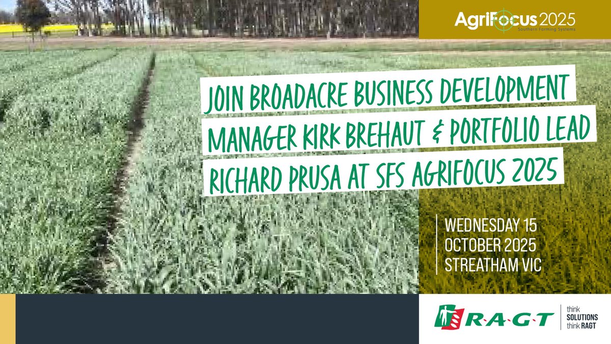 RAGTAU's tweet image. Join the Kirk and Richard from RAGT at SFS AgriFocus this Wednesday to get the latest insights on oats, sustainable farming and all things cropping.
To find more about out RAGT’s range of seed solutions visit: ragt.au/our-varieties/
#AgriFocus #RAGTAU #ThinkSolutions #ThinkRAGT