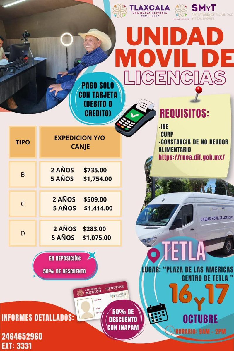 GobTlaxcala's tweet photo. 🚗 Más de mil 200 licencias de conducir expedidas con la Unidad Móvil de la #SMyT
El Gobierno del Estado, a través de la @SMyT_Tlaxcala ha acercado sus servicios a la población con la Unidad Móvil de Licencias, que ha recorrido 14 municipios y expedido mil 247 licencias en menos de cinco meses.
Esta estrategia permite a las y los tlaxcaltecas realizar trámites de expedición o renovación sin salir de su comunidad, promoviendo una movilidad segura, ordenada y con igualdad de acceso.
La próxima parada será en Tetla de la Solidaridad, los días 16 y 17 de octubre, donde continuarán las acciones para descentralizar los servicios y fortalecer la seguridad vial en todo el estado.
#UnaNuevaHistoria
#MovilidadTlaxcala