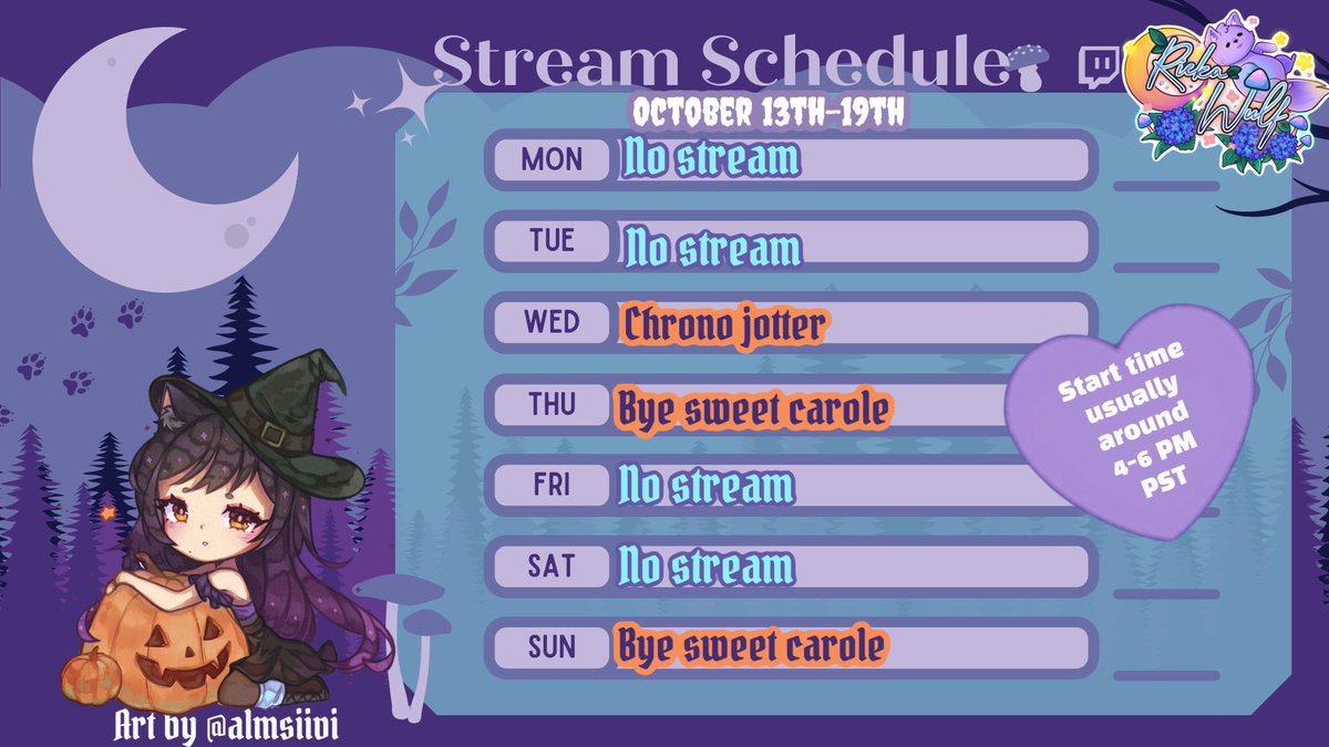This weeks schedule!🎃🕸️

* ♡start times are usually around 4-6 PM PST but are always announced day of in my discord!
✨Personalized schedule by cloverinari
🐺logo by sleepyloaf_
🎨almsiivi