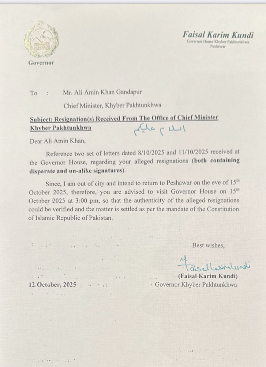 گورنر نے استعفیٰ کو دستخطوں میں اختلاف کی بنیاد پر مسترد کر دیا ہے  اور چیف منسٹر سے ذاتی طور پر پیش ہونے کا مطالبہ کیا ہے لیکن آئین میں کہیں بھی یہ نہیں کہا گیا کہ گورنر کو دستخطوں کی تصدیق کا اختیار دیا گیا ہے یا وہ استعفیٰ کو مسترد کر سکتا ہے۔ 

تاہم، گورنر نے آرٹیکل 133 کا