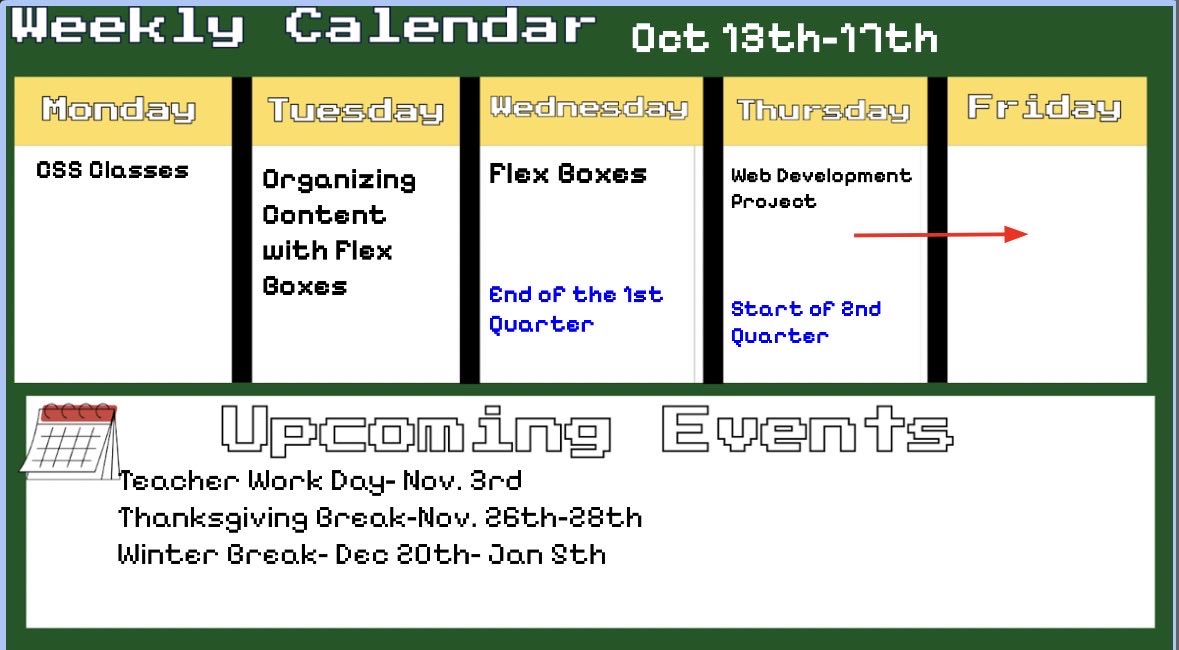 Hope you all had a fantastic break!  In Exploring Tech, we are designing infographics, learning how we use AI, and building a Sphero Jousting Knight.  For Computer Literacy, we are working on CSS classes, flex boxes, and we have a project!