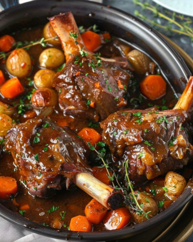 summer_food's tweet photo. Fall-Off-the-Bone Lamb Shanks in Herb Gravy 

Savor the magic of slow cooking with these rustic lamb shanks bathed in a rich, aromatic herb gravy. Perfect for cozy nights or a dinner that impresses without the stress! Just set it, forget it, and enjoy the most tender meat imaginable! 

Ingredients:

4 lamb shanks
Salt and freshly ground black pepper to taste
2 tablespoons olive oil
2 onions, chopped
4 cloves garlic, minced
2 carrots, peeled and diced
2 celery stalks, diced
1 cup red wine
2 cups beef broth
1 can (14 oz) diced tomatoes
1 tablespoon rosemary, chopped
1 tablespoon thyme, chopped
2 bay leaves

Directions:

Season the lamb shanks with salt and pepper. Heat olive oil in a large skillet over medium-high heat and brown the lamb shanks on all sides. Transfer to the slow cooker.
In the same skillet, add onions, garlic, carrots, and celery and sauté until softened, about 5-7 minutes. Add the red wine, scraping up any browned bits from the pan. Bring to a simmer and cook until reduced by half.
Pour the vegetable and wine mixture over the lamb shanks in the slow cooker. Add beef broth, diced tomatoes, rosemary, thyme, and bay leaves.
Cover and cook on low for 8 hours or until the meat is tender and falls off the bone.
Remove bay leaves before serving. Serve the lamb shanks with the rich herbed gravy.