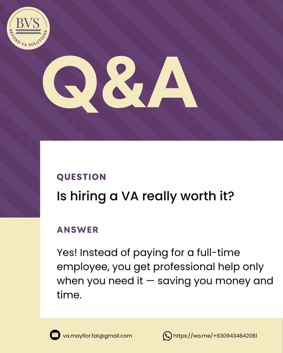 BeyondVA_May's tweet image. Think hiring a VA is expensive? Think again 💡 It’s one of the smartest ways to grow your business efficiently. 

#FAQ #VirtualAssistant #BusinessTips #VABenefits #BusinessGrowth #SmartOutsourcing