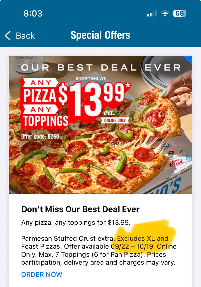 Excluding the LARGEST size from an “Any Size” promotion is so blatantly deceptive that I’m surprised it’s compliant with Competition Bureau best practices, <a href="/DominosCanada/">Domino's Canada</a>.