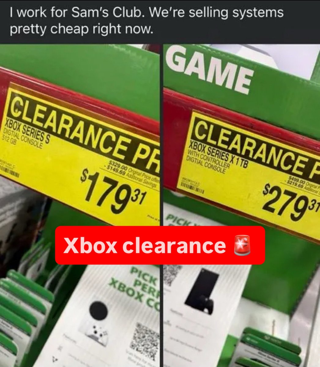 Xbox discounted at local Sam’s Clubs 🚨

Xbox x Sam’s Club is discontinuing console production moving forward

$330 Xbox marked down to $179
$500 Xbox marked down to $279

Worth checking / calling your local stores