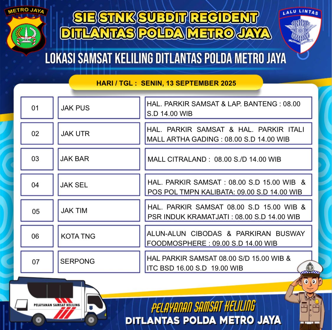 TMCPoldaMetro's tweet photo. Informasi Lokasi Pelayanan #STNKKeliling Dit Lantas Polda Metro Jaya hari Senin, 13 Oktober 2025. https://t.co/GIL1tlJV51