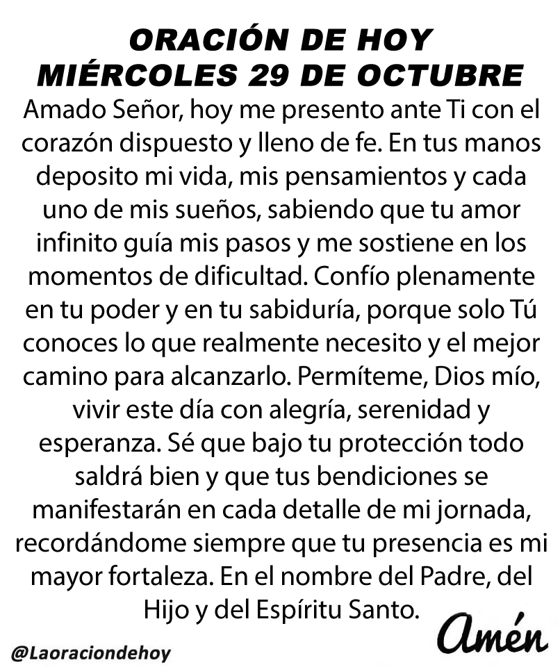 Oración diaria para hoy miércoles 29 de octubre de 2025.