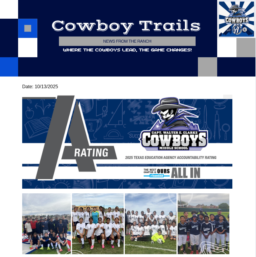 Daniela Palmer (@waltereclarkems) on Twitter photo Howdy Cowboys!
Read this week's Parent Newsletter: tinyurl.com/22jakaee Howdy Cowboys!
Read this week's Parent Newsletter: tinyurl.com/22jakaee