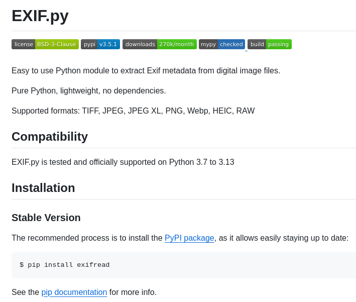 tom_doerr's tweet image. extract EXIF metadata from images, pure Python, no dependencies