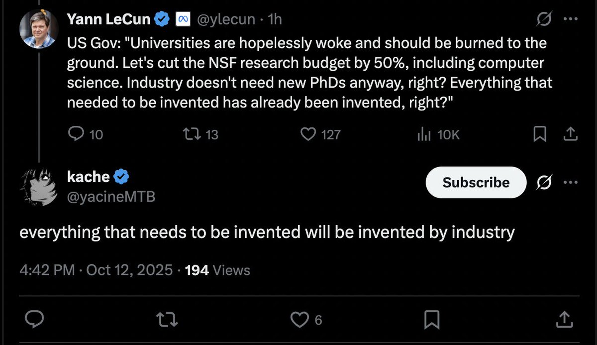 BumrahBachi's tweet image. Twitter search couldn't be fixed the entire time Yacine was there but sure industry will invent all the basic research in math, physics, cs, and ee for any potential breakthroughs
You couldn't even serve react slop bro
I don't fully agree with Yann but the hubris of the…