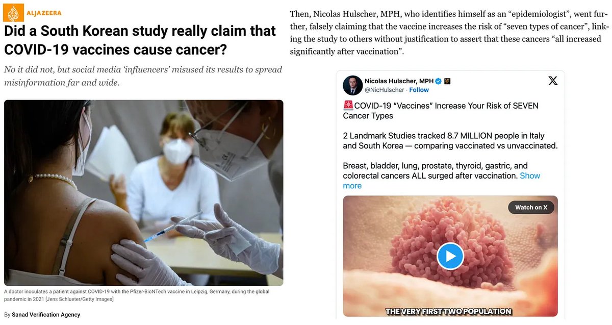 simon_troupe's tweet image. Defamatory Al Jazeera “Fact-Check” Targets Epidemiologist Nicolas Hulscher as mRNA-Cancer Links Emerge 

Compromised global media giant scrambles into damage control after two peer-reviewed studies link COVID-19 “vaccines” to increased risks of seven cancers.

@McCulloughFund…