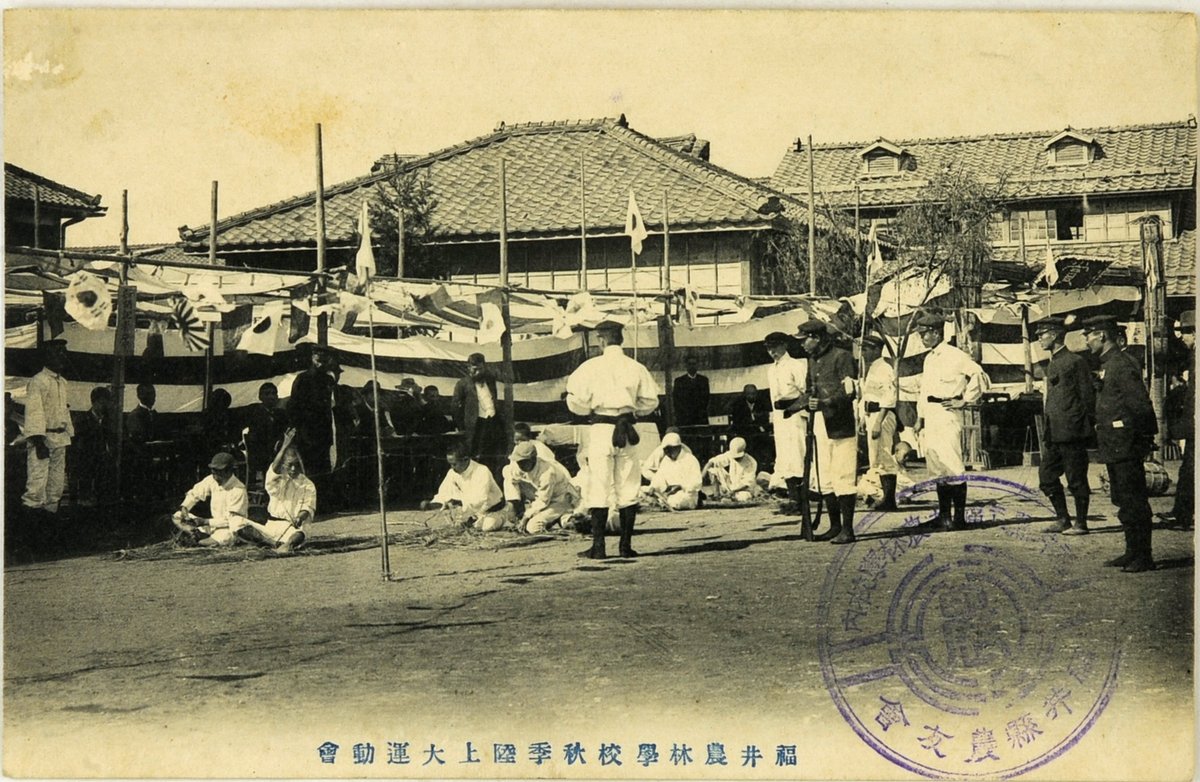 朝夕涼しくなり、秋めいてきましたね。10月の第2月曜日は「スポーツの日」です。
今月は学校で体育大会が開催されたり、また各地にて様々なスポーツイベントが催されたりするようです。
写真は50年以上前の保育所の運動会の様子と、更に古い年代と思われる福井農林学校の陸上大運動会のものです。