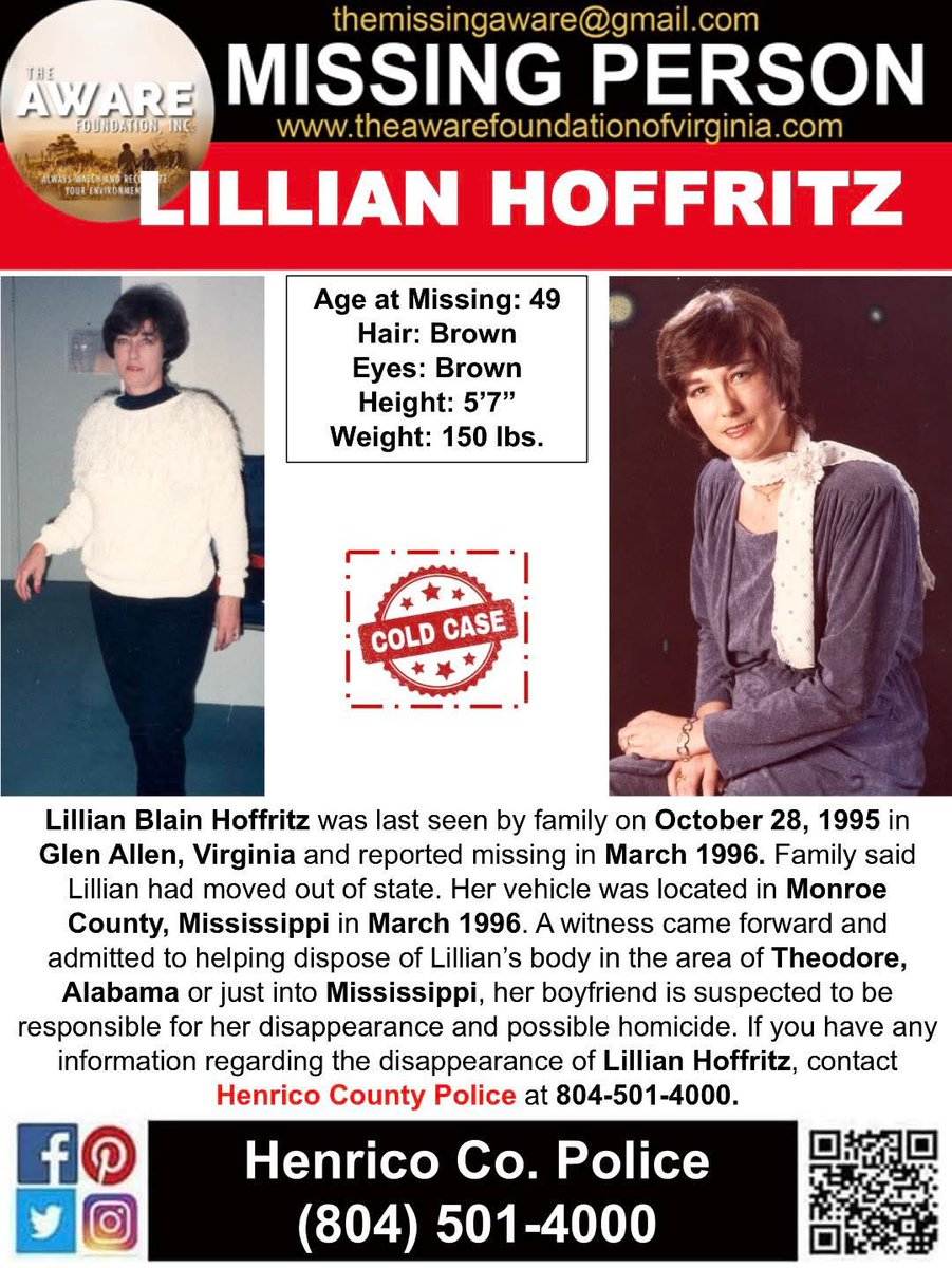 aware_the's tweet image. ***MISSING*** GLEN ALLEN, VIRGINIA | COLD CASE
Lillian Blain Hoffritz was last seen by family on October 28, 1995 in Glen Allen, Virginia and reported missing in March 1996. Family said Lillian had moved out of state. Her vehicle was located in Monroe County, Mississippi in March…