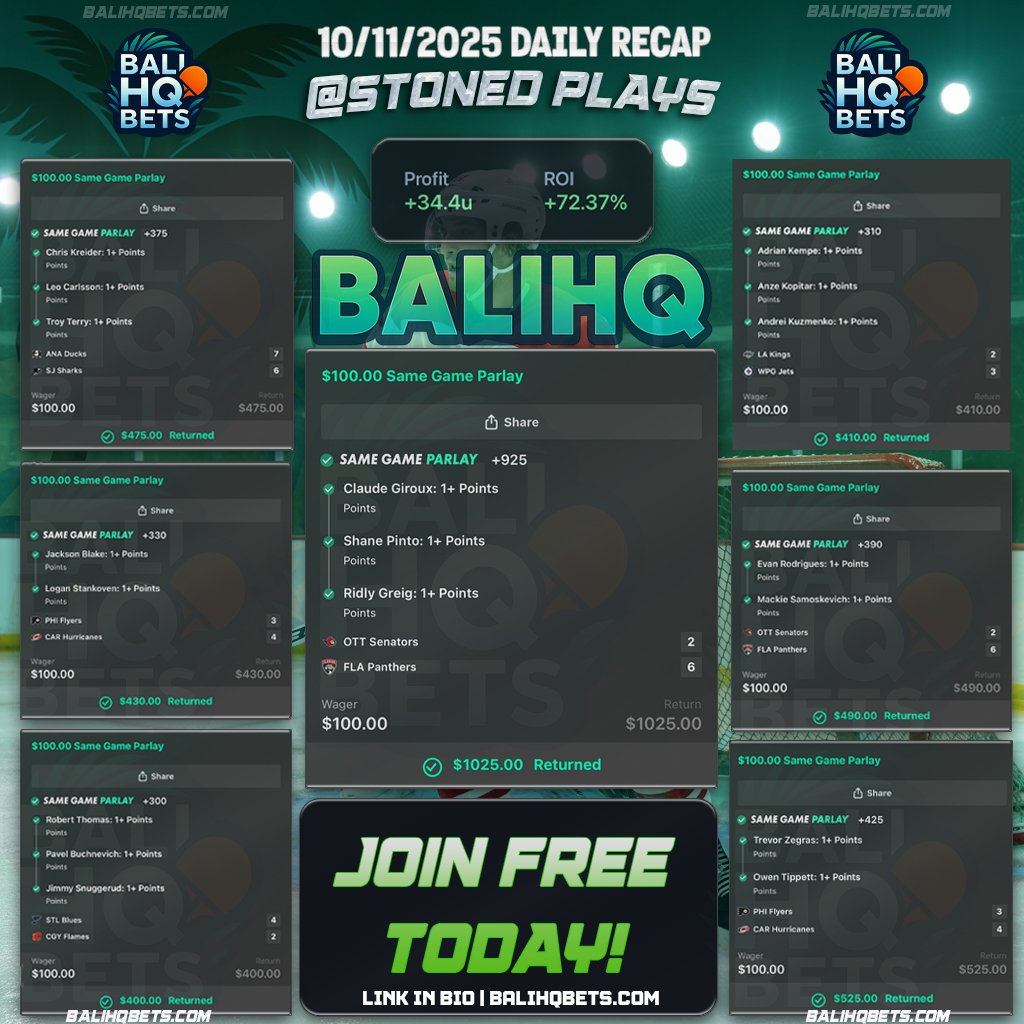 🚨STONED PLAYS DOMINATES DAY 1 🚨
First day on the ice and he cashes +34 UNITS 🧊💰
A precise, disciplined approach — consistent winners from the jump.

At BALI HQ, every sport has its own expert 🧠💪
🏒 NHL | 🏀 NBA | ⚾ MLB | 🏈 NFL | 🏓 Table Tennis (+1600 UNITS)

Specialized