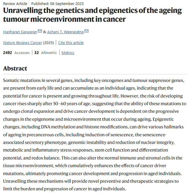 simon_troupe's tweet image. RECENT STUDY: Unravelling the genetics and epigenetics of the ageing tumor microenvironment in cancer

🔍 Key take-aways:

• Somatic mutations accumulate over life, but their tumorigenic potential depends on age-associated epigenetic &amp;amp; microenvironment changes.

• DNA…