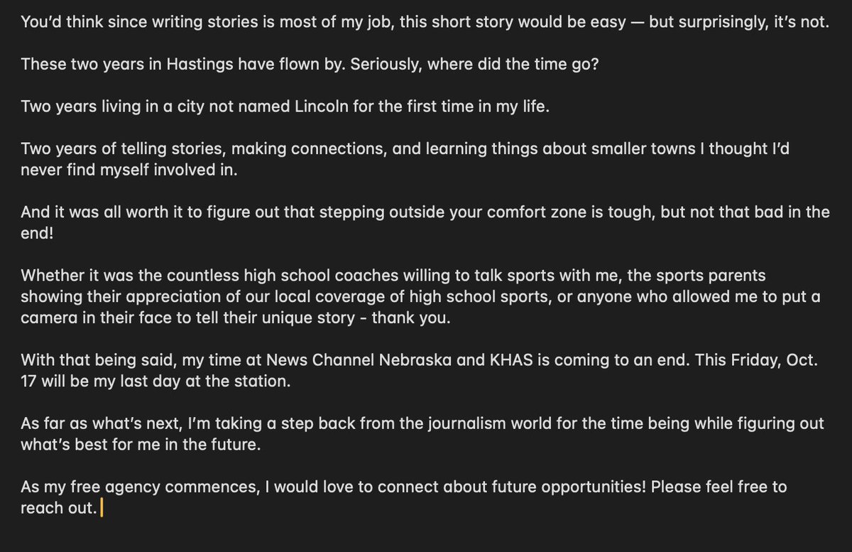ryan_valenta's tweet image. Thank you to NCN and KHAS for the past two years of endless opportunities in Hastings. 
My last day will be this Friday, Oct. 17 ⬇️