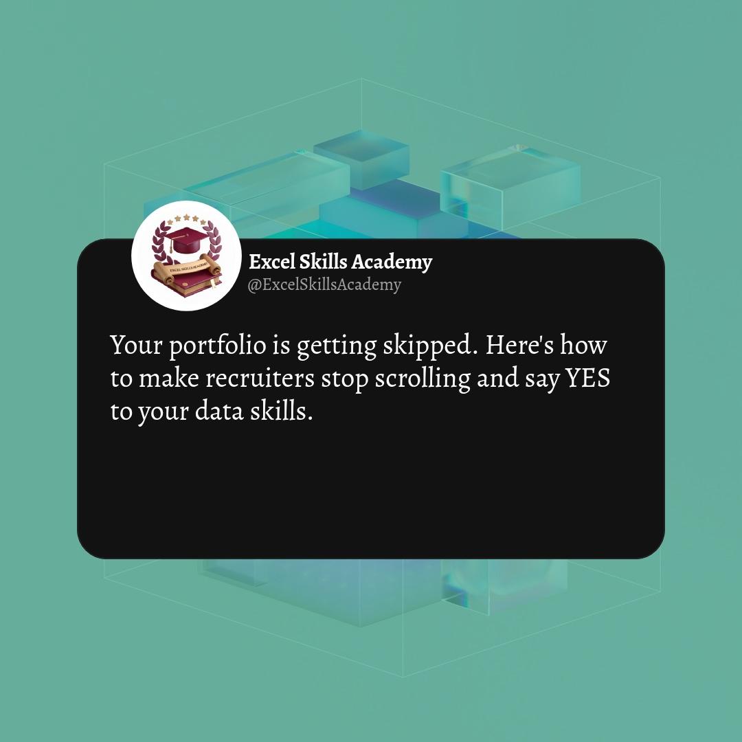 excelskillsaca's tweet image. Make hiring say yes — not maybe.
Show 3 projects: clean code, business metric, short case.
Which will you publish first? Contact us for any inquiries.
#datascience #portfolio #careers #projects #excel