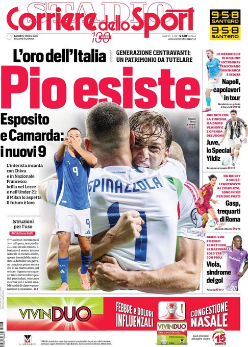 Newspaper front page titled Corriere dello Sport with date 13 October 2025 featuring bold headlines in Italian about Italys world of soccer and a generation of center forwards. Images show players in blue national team jerseys embracing including one with number 9 on back and another in red and blue kit. Additional photos depict a player in action and group celebrations with text overlays on Esposito Camarda and national team context. Ads for VIVODUO and other brands appear at the bottom.