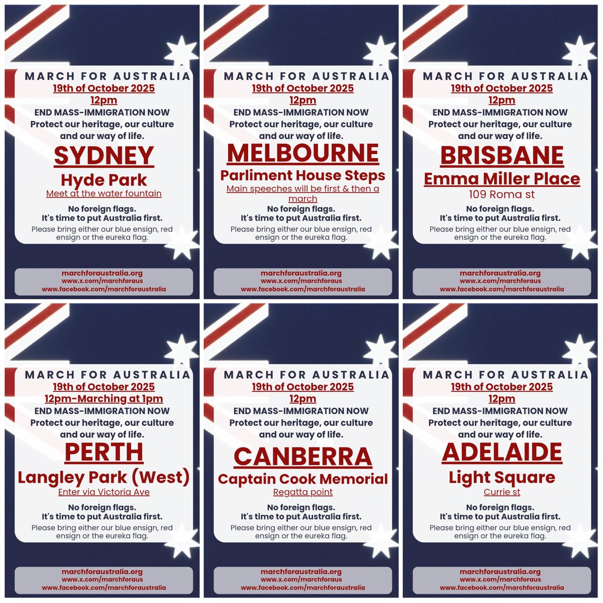 🇦🇺 Calling all Australians who cherish our nation’s heart and soul! On October 19th, join the March for Australia 2.0 to stand united against mass immigration and the globalist push to erode our ethnic roots, traditions, and culture. 

This is about unity, Aboriginal and