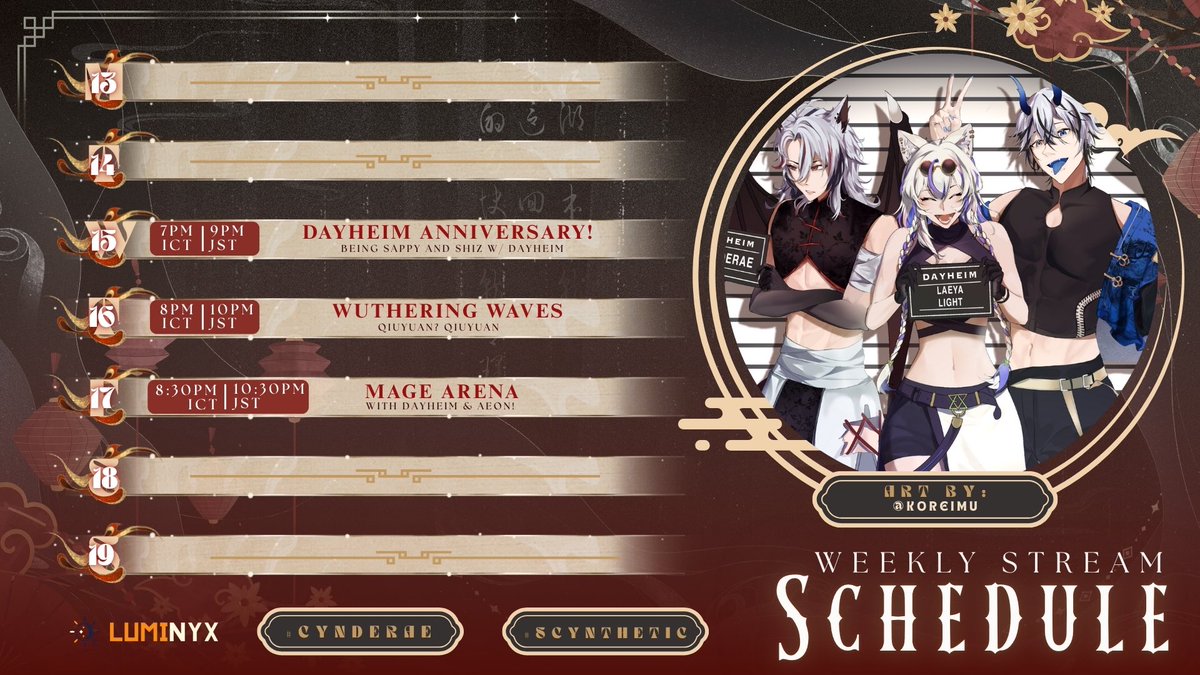 🦇🧧STREAM SCHEDULE! 
dayheim debut anniversary week :> collabs w/ aeon! WHOA

🗓 OCT 13 - 19
General: #Cynderae
Live: #Cynderlive 
Art: #Scynthetic / NSFW: #Obscyne 
Novel: #Cynderlore 
Clips: #Clipderae 
Memes: #Deraenged 
Cosplays: #Cyndereal
Fan name: Cynics ♥️
