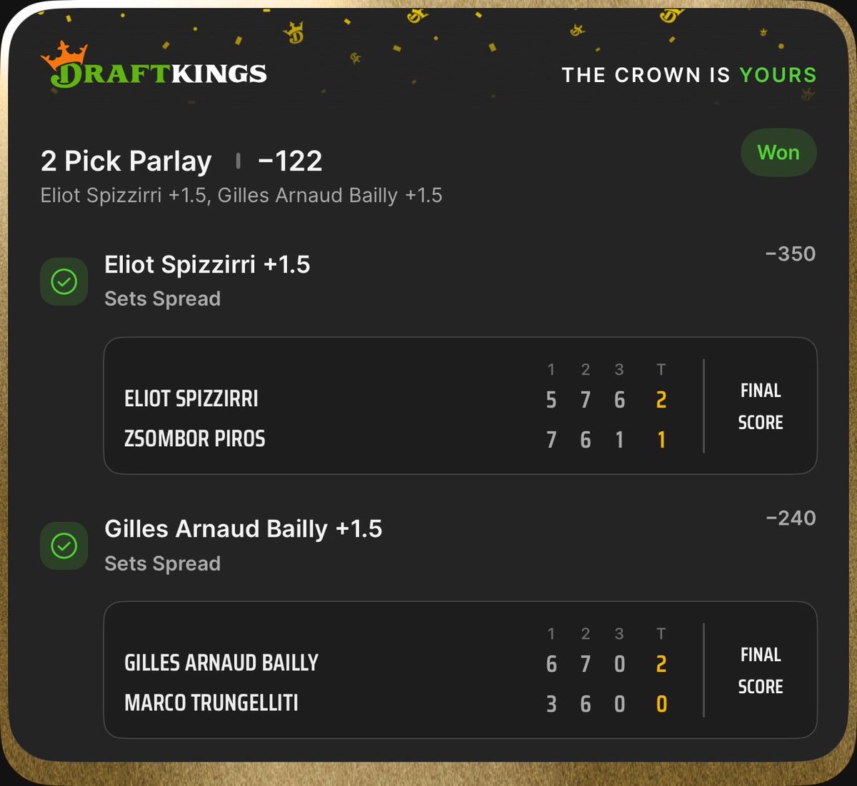 🏦 Bankroll Builder Smacks 💥

✅ Spizzirri +1.5 Sets
✅ Bailly +1.5 Sets
🎾 (-122) 

Both won outright 💪 

📊 Went 4-1 Last Night! 3 New Tournaments to bet on this week and going in with momentum. Feelsgoodman 😮‍💨

Join ➡️ linktr.ee/mevsspread

Code TENNIS for 40% Off 🎟️