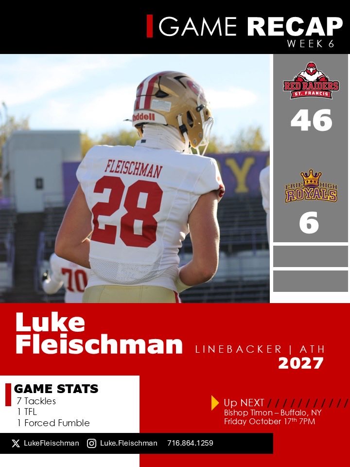LukeFleischman's tweet image. Another big win on Friday night. This time in PA against @Erieroyalsfb. Battled all night. Never gave up. 

7 tackles
1 TFL
1 FF

Blessed to have the best teammates and coaches around. 

On to the next. 

#HumbleAndHungry #AGTG #LB1 🙏🏻🏋️‍♀️📕🎥🏈🎯