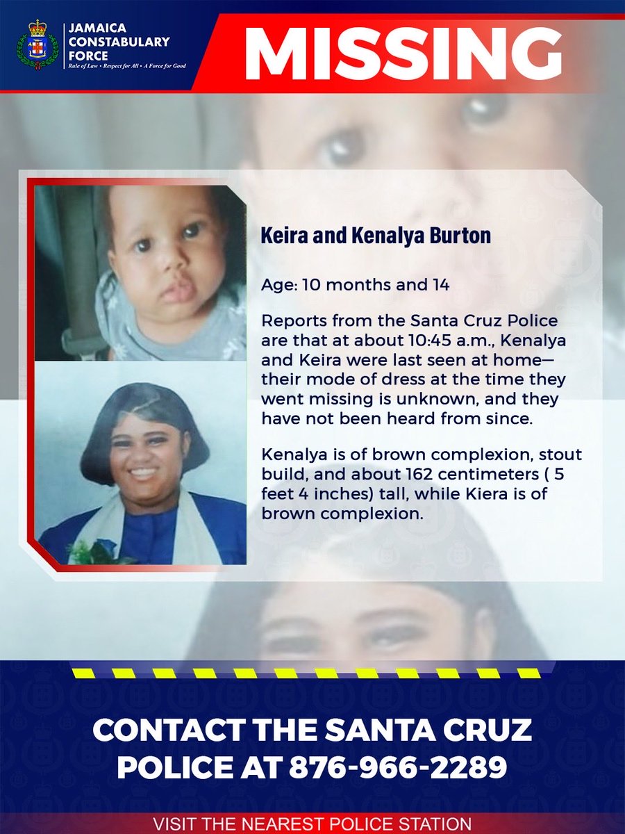 JamaicaConstab's tweet image. A High Alert has been activated for 14-year-old Kenalya Burton otherwise called ‘Kay Kay’ and 10-month-old Kiera Burton otherwise called ‘Blessing’ both of Pepper District, St. Elizabeth, who have been missing since Sunday, October 12.
Kenalya is of brown…