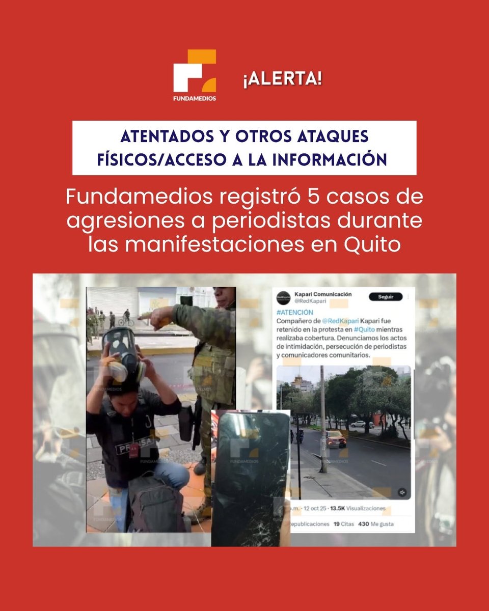 🚨 #ALERTA | En esta jornada de protesta, en Quito, Fundamedios registró al menos 5 agresiones a la prensa. Destrucción de equipos, requisas arbitrarias y uso desproporcionado de la fuerza fueron las acciones violentas de uniformados contra comunicadores.

Fundamedios exige al