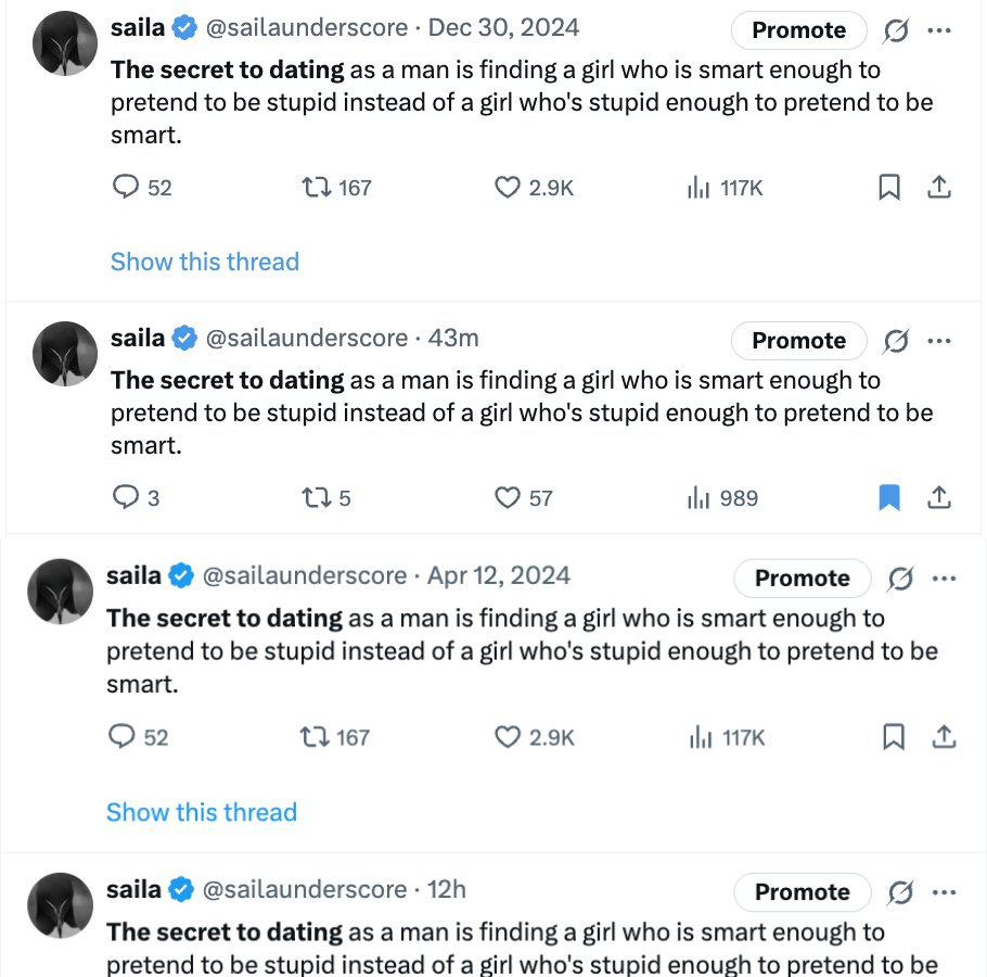 sailaunderscore's tweet image. "I fear not the man who has practised 10000 tweet once but I fear one who has practised one tweet 10000 times."