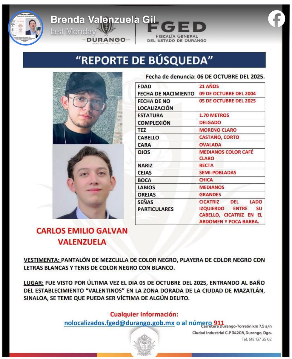 beltrandelrio's tweet photo. Hace una semana despareció el joven duranguense Carlos Emilio Galván Valenzuela, de 21 años de edad, luego de ingresar en el baño de un restaurante de la Zona Dorada de Mazatlán, Sinaloa, el cual, según la madre del joven, es propiedad del secretario de Economía del estado. https://t.co/CS1sjf5nBA
