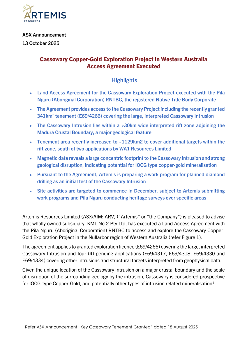 ArtemisResource's tweet image. @ArtemisResource
Land Access Agreement Executed over ARV Cassowary tenements with Pila Nguru (Aboriginal Corporation). Site activities targeted to commence in December, subject to work programs and heritage survey  #Cassowary #Copper #Gold #Exploration #IOCG $ARV #ARV