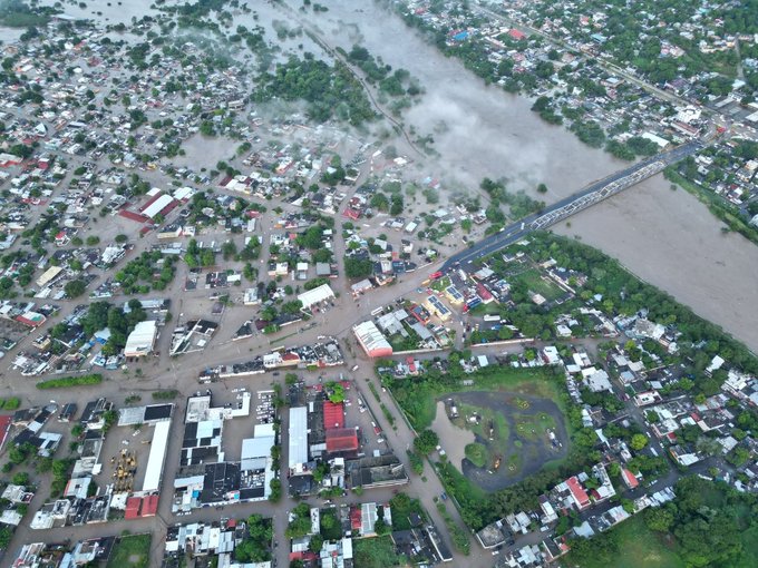 First image displays an aerial view of a flooded urban area in Poza Rica Veracruz with brown muddy water covering streets and low-lying zones near a bridge surrounded by scattered buildings and trees. Second image captures similar flooding along a riverbank with water inundating neighborhoods and green patches amid residential structures. Third image shows broader flooding in a town setting with water spreading across multiple areas including warehouses and roads under cloudy skies.