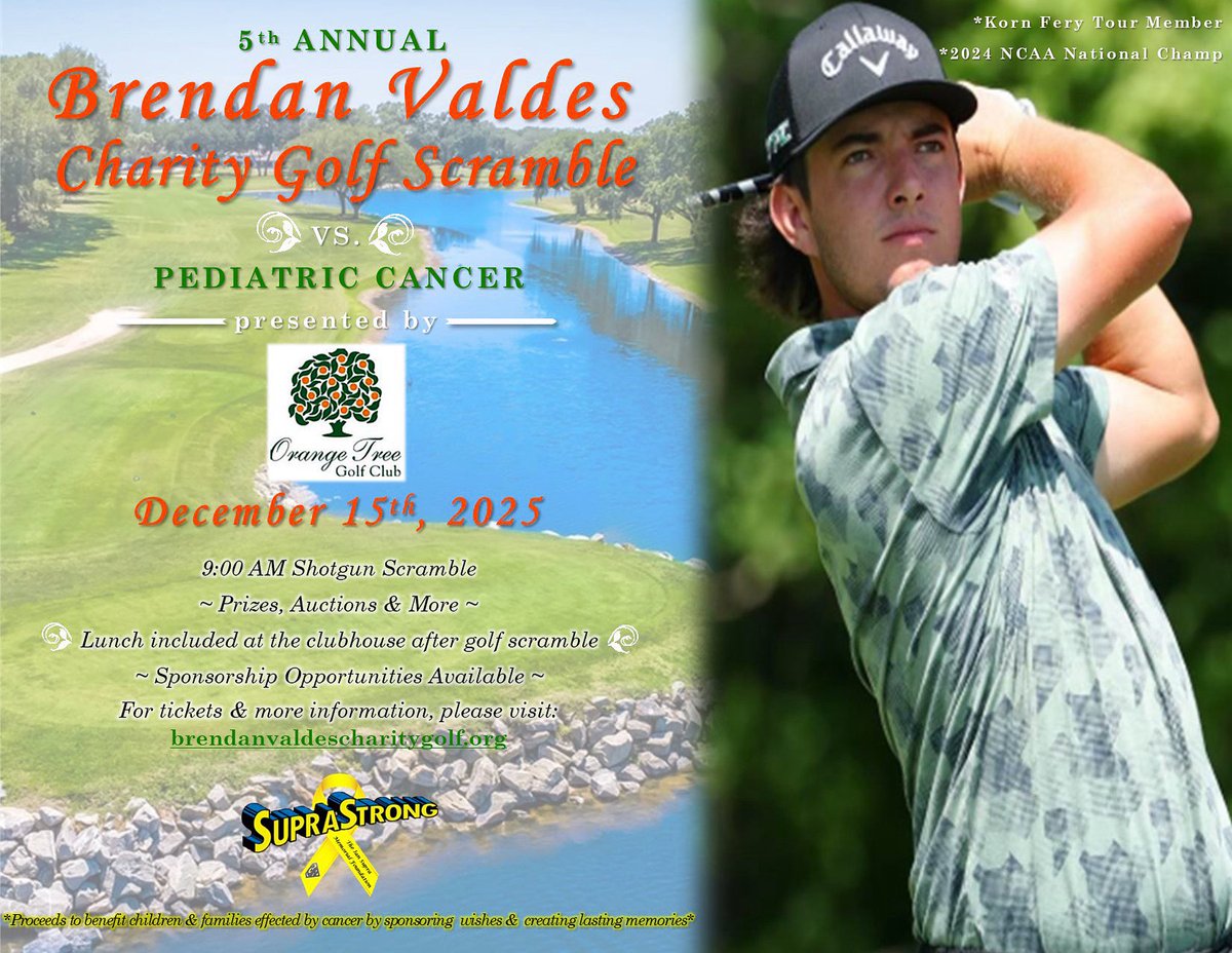 SAVE THE DATE‼️ Join us at the 5th Brendan Valdes Golf Scramble vs Pediatric Cancer🏌️⛳️🎗️ Tickets can be purchased at brendanvaldescharitygolf.org 🎟️ Funds raised will directly benefit children &amp; families affected by cancer! #SupraStrong ❤️💙💛💪 <a href="/Brendan_Valdes/">Brendan Valdes</a> | <a href="/OrangeTreeGolf/">Orange Tree</a>