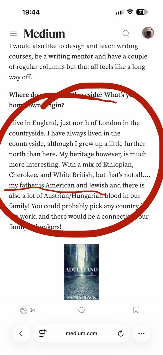 CircularOpinion's tweet image. Jarvis, check the early life section of this author.

&amp;gt;goes by Ruby Roe as an author, real name Sacha Black

&amp;gt;jew physiognomy, let’s check her interviews to be sure

&amp;gt;finds interview about her heritage

medium.com/@livingincyn/s…

&amp;gt;father is American Jew

EVERY SINGLE TIME.

LHM☦️