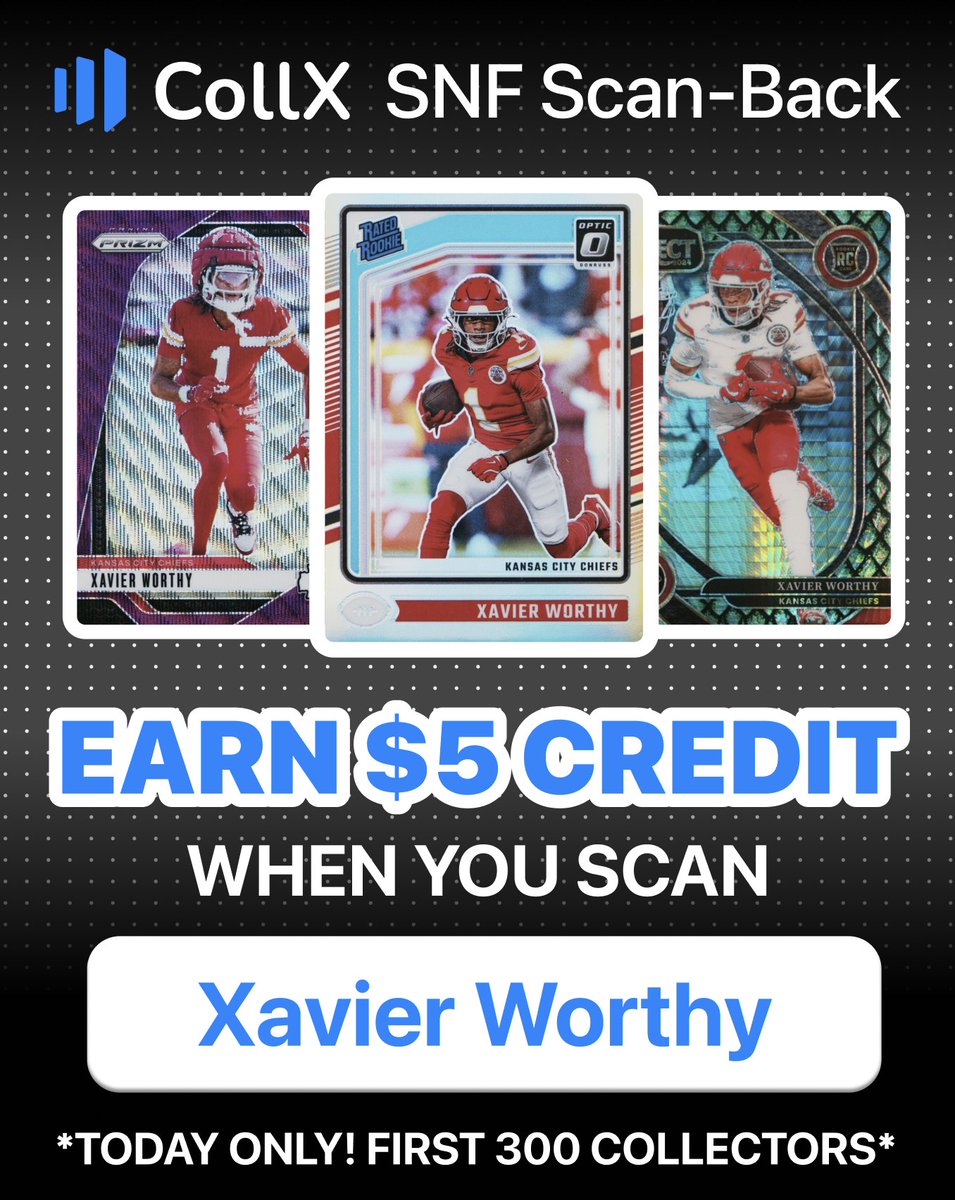 Xavier Worthy just scored the first TD in the Lions/KC game so that means he's tonights SNF Scan-Back! 

Scan any Xavier Worthy card on the CollX App right now and receive $5 in CollX credit. 

First 300 collectors only! 🚨