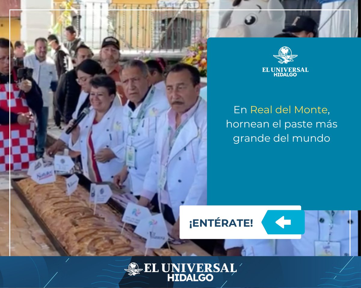 UniversalHgo's tweet image. ¡Increíble! 🙀
🥟 😋 Con una impresionante extensión de 4 metros y un peso aproximado de 200 kilos, en Real del Monte se horneó el paste más grande del mundo
#MásInformación▶️ tinyurl.com/2jjju9d4