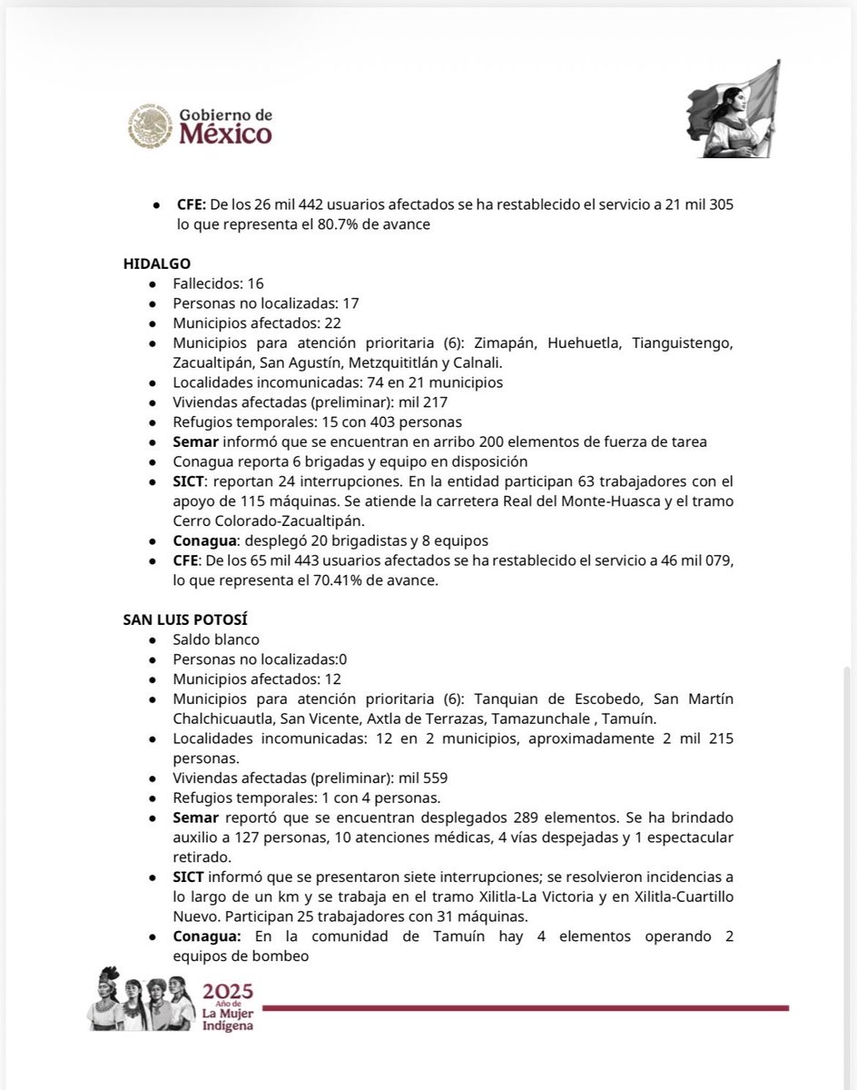 🌧️ Lluvias intensas por la Perturbación Tropical 90-E dejan 47 personas fallecidas en Veracruz, Puebla, Hidalgo y Querétaro.

🚨 El Gobierno de México informó que coordina acciones para restablecer servicios básicos, rehabilitar caminos y apoyar a las familias afectadas. 👇🏼