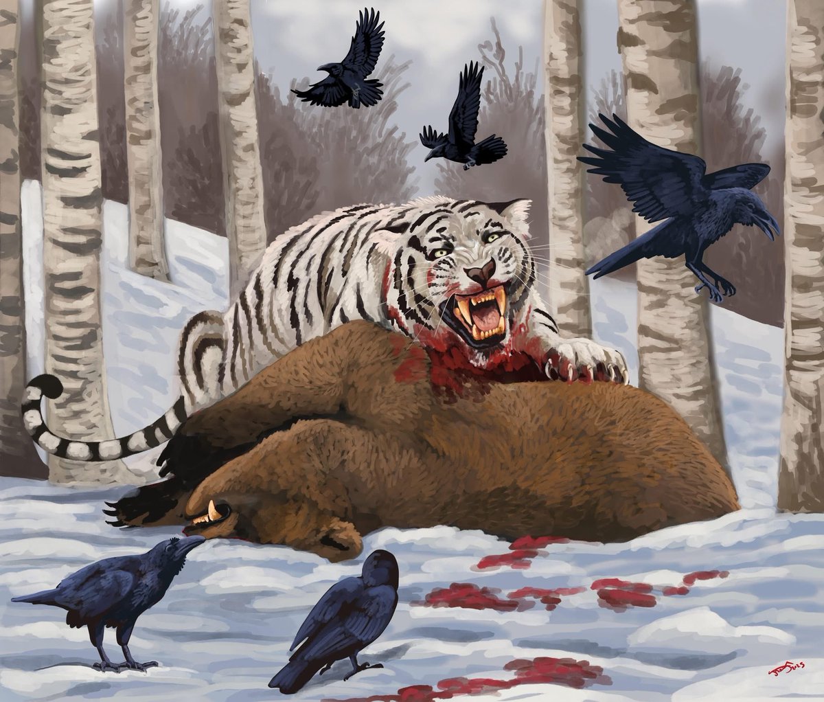 Somewhere in the Pleistocene of Russia, a Siberian tiger kills a brown bear. These tigers were larger, more robustly built, and had longer and thicker canine teeth than their modern day counterparts. 

Artwork is by <a href="/HodariNundu/">Hodari Shadowalker ❄️🐆</a>