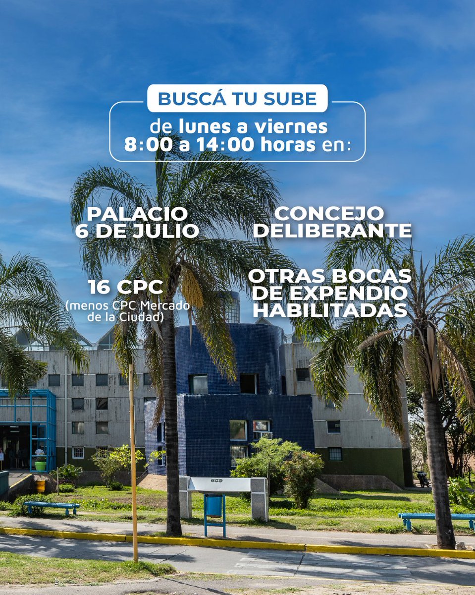 MuniCba's tweet image. 💳 También en otros puntos de #CórdobaCapital podés retirar tu tarjeta SUBE. Eso sí: no olvides llevar tu DNI físico.
- Palacio 6 de Julio: 8:00 a 14:00 horas
- Concejo Deliberante: 8:00 a 14:00 horas
- 16 #CPC (excepto CPC Mercado de la Ciudad)
- Otras bocas de expendio