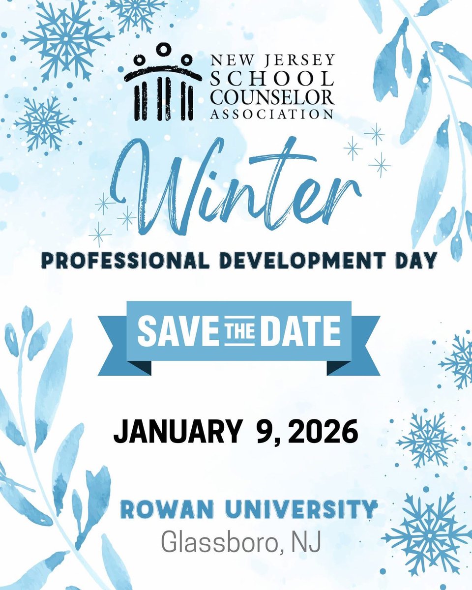 📣 SAVE THE DATE: Friday, January 9, 2026 for our Winter Professional Development Day <a href="/RowanUniversity/">Rowan University</a>!

#savethedate #NJSCA #NJSchoolCounselors #SchoolCounselor #newjersey #ProfessionalDevelopment #rowanuniversity