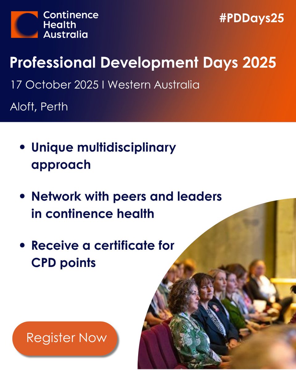 AusContinence's tweet image. Join us for the WA Professional Development Day, designed for health professionals in bladder, bowel and pelvic floor health. 
​
📅 Friday 17 October 2025​
📍Aloft, Perth WA

Register now: 🔗 continence.eventsair.com/pd2025

#PDDays25 #ContinenceHealth #ProfessionalDevelopment