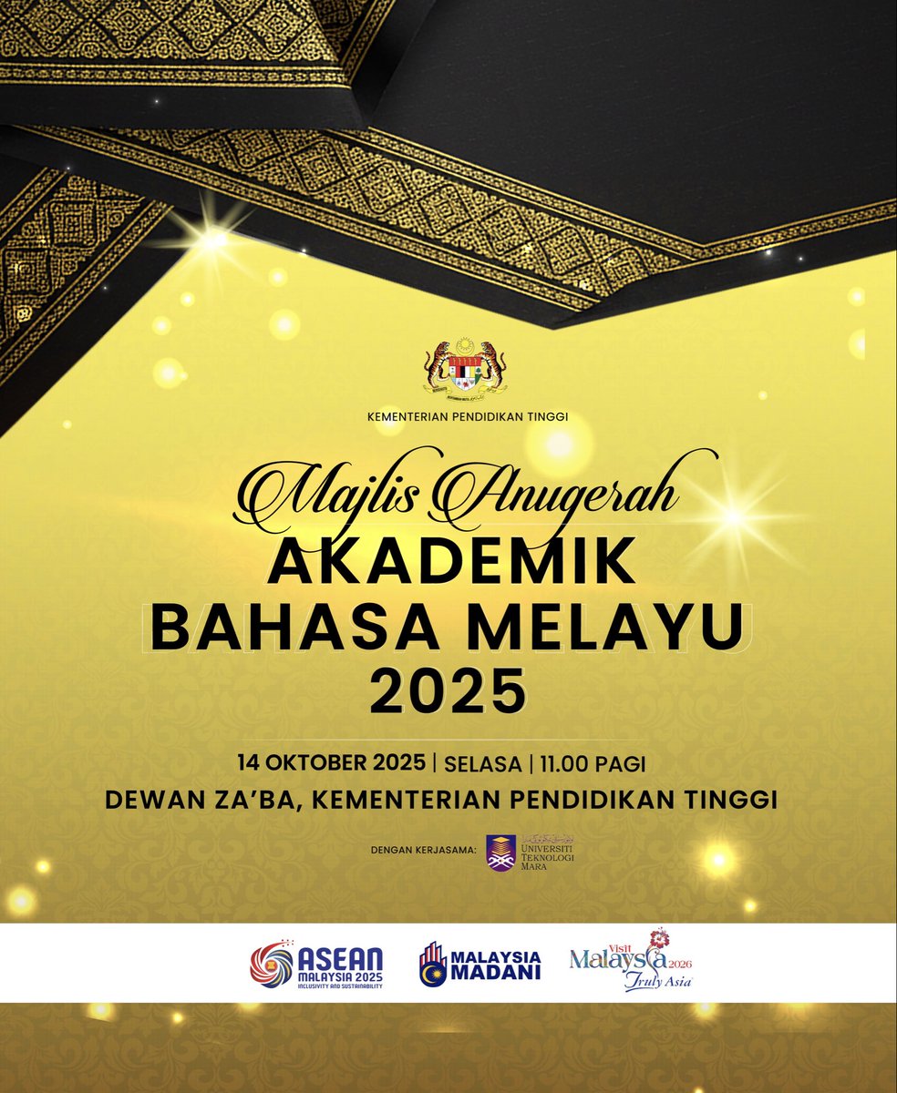 ANUGERAH AKADEMIK BAHASA MELAYU 2025

🗓️14 Oktober 2025 (Selasa)
⏰ 11.00 pagi
📍Dewan Za’ba, KPT
💻 Facebook KPT

<a href="/ZambryOfficial/">Zambry Abd Kadir</a> <a href="/MustaphaSakmud_/">MustaphaSakmud</a> 

#RancakkanMADANI
#MADANIbekerja
#MalaysiaMADANI